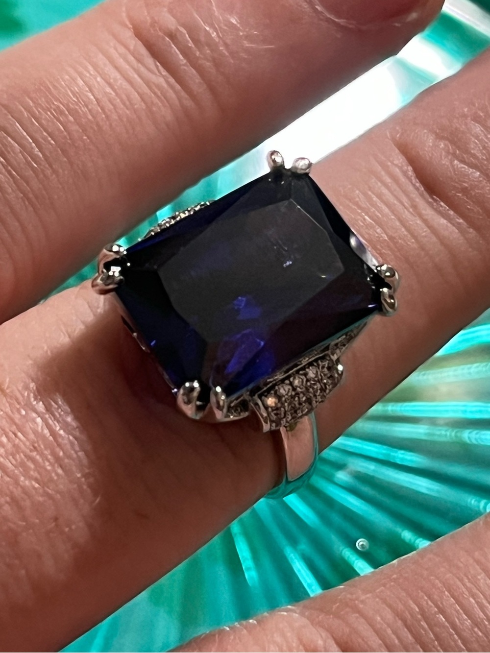 Sterling Silver 925 Lab-grown Emerald Cut Sapphire Diamond Ring Size 6.75